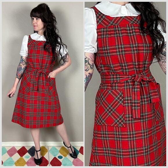 Vintage Dresses & Skirts - Vintage 1970s Red Tartan Plaid A-Line Pinafore Jumper Dress
